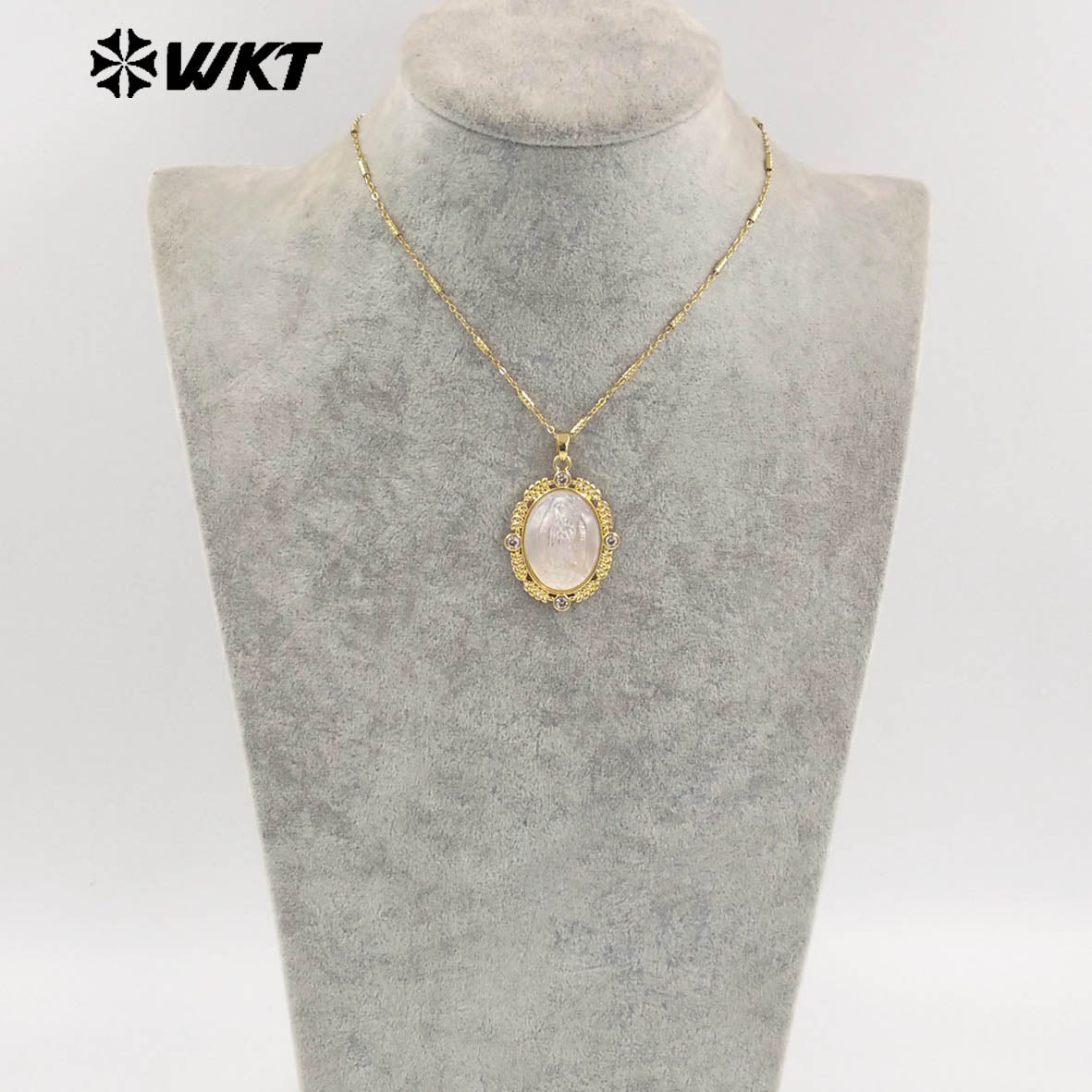 WT-JN271 WKT Exclusive Big Oval 18K Real Gold Plated Resist Tarnishable Religious Virgin Mary Shell Pendant Necklace Christian