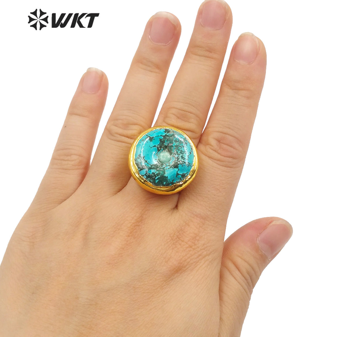 WT-R410 Vintage Extravagant Women's Ring 18k Gold Plated Fashion Adjustable Natural Beautiful Turquoise Ring Natural Stone Ring