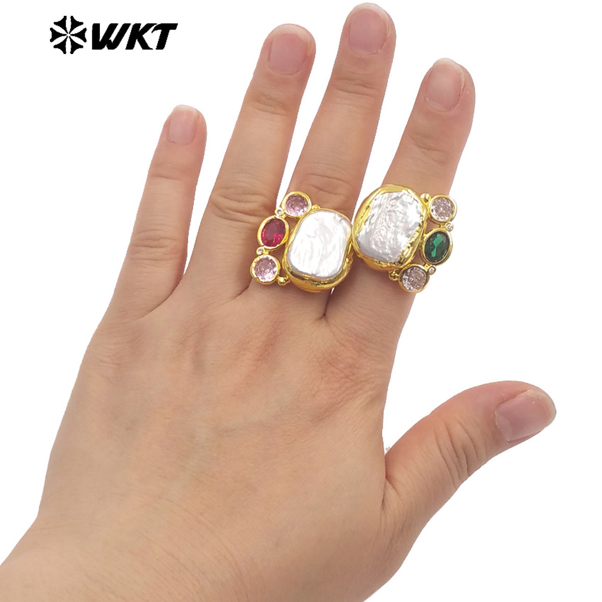 WT-MR043 Newest Design Gold Plated Natural Freshwater Pearl Ring With Multi Colors Cubic Zircon Square Shape Women Jewelry Ring