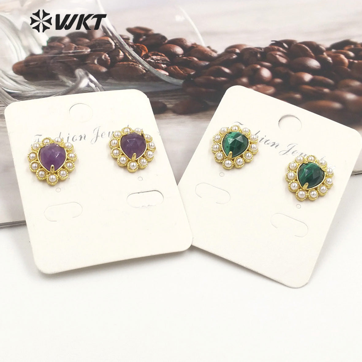 WT-MPE124 Charming Drop Natural Gemstone Made With Artificial Pearl Gold Bezel Setting Women Earring Studs