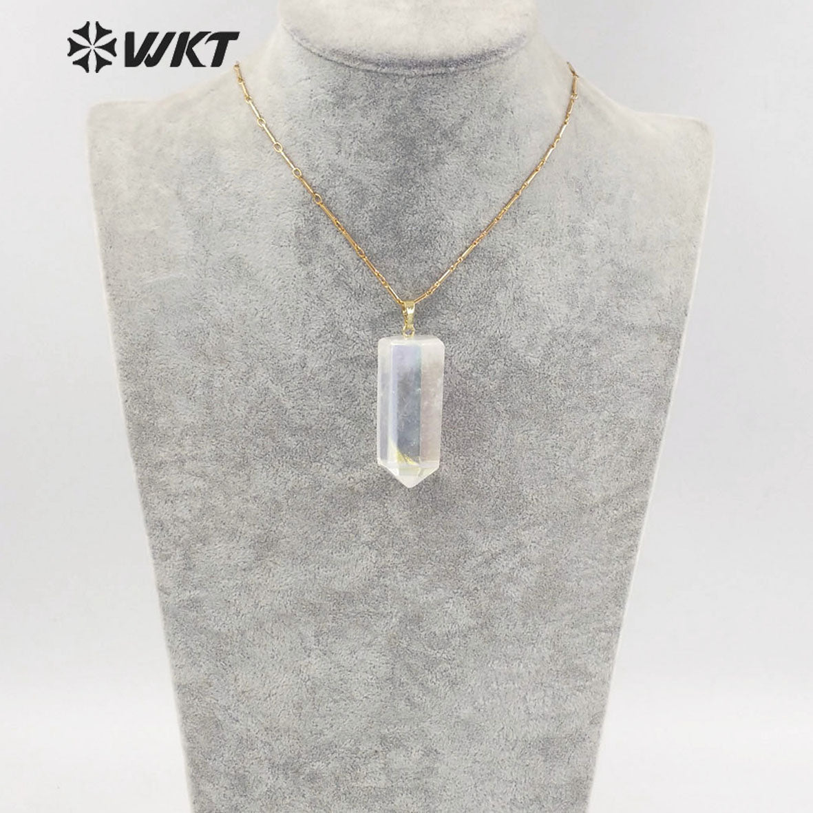 WT-N1390 Amazing Healing Aura Crystal Quartz Point Necklace Simple Hoop Angel Color Stone Hexagon Necklace in Gold