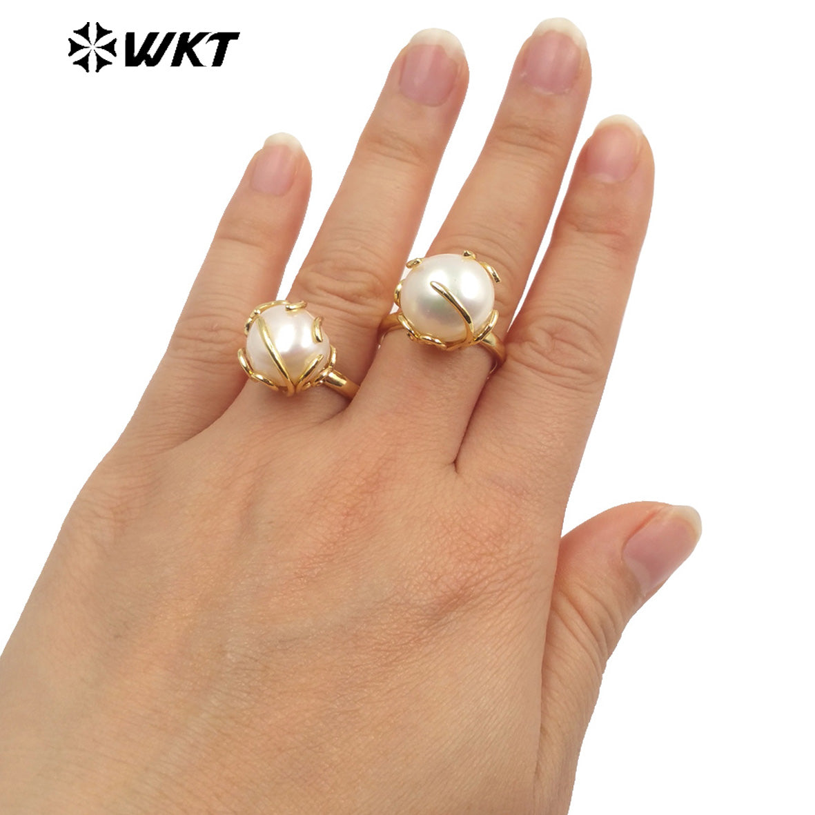 WT-MPR054 Wholesale Round Claw Setting Irregular One Pearl Ring Fashion 18k Gold Plated Freshwater Handmade Wedding Pearl Ring