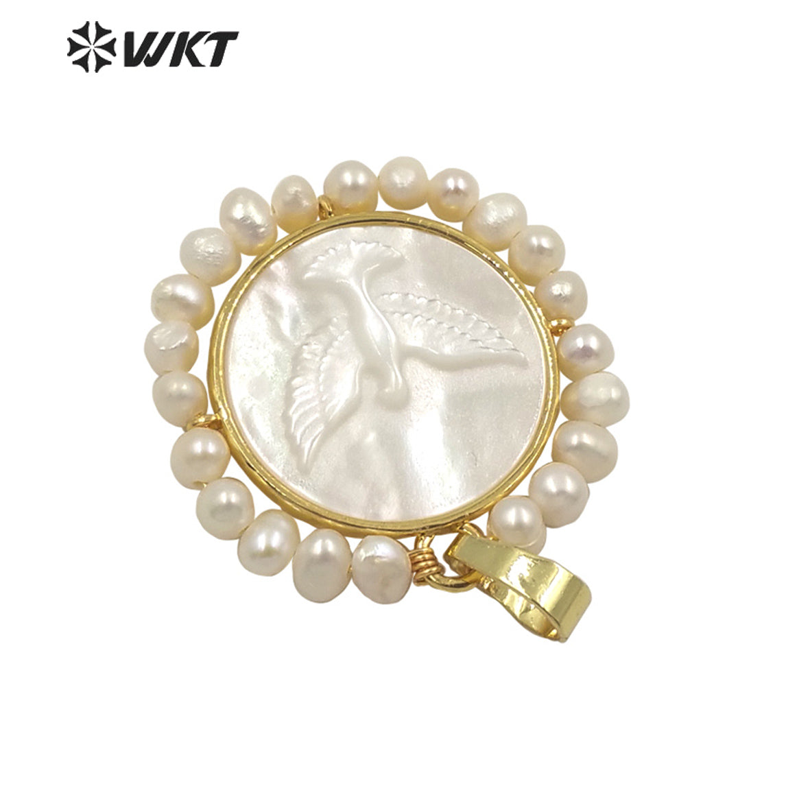 WT-JP263 Amazing WKT new design Gold bezel lucky white pearl pendant handmade wire wrapped round Peace pigeon pendant