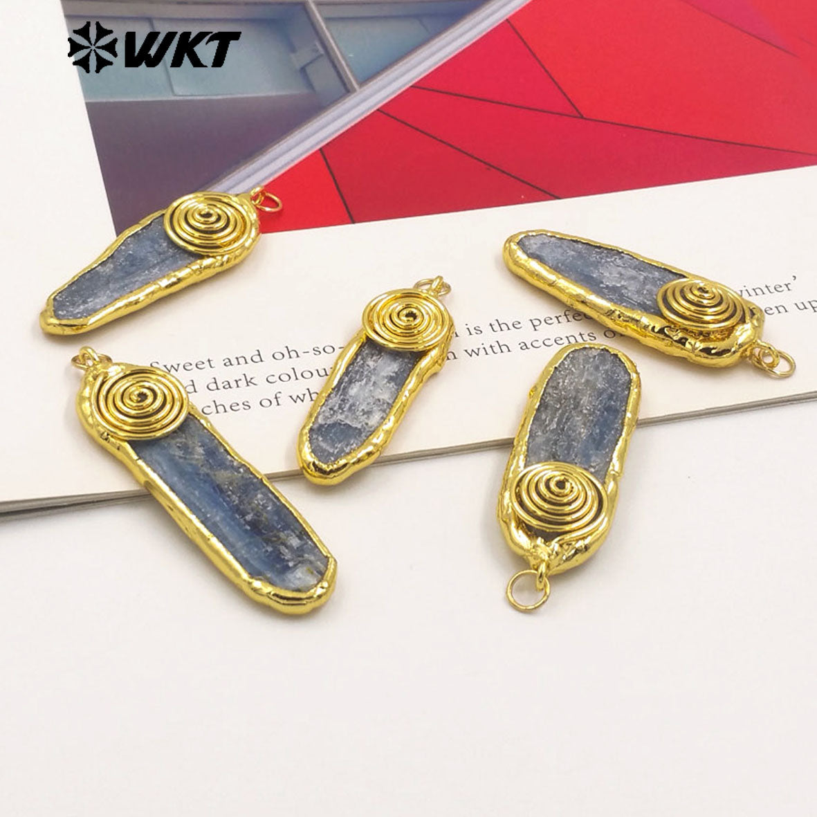 WT-P1958 Wholesale New Raw Blue Kyanite Stone Long Straight Gold Plated Welding Gemstone Jewelry Pendants