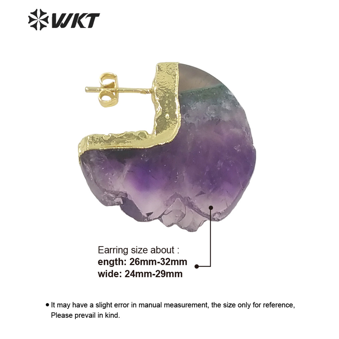 WT-E648 Amazing Fashion Gold Electroplated Moon Shape Slice Amethyst Stone Studs Earrings Women Gorgeous Half Moon Earrings
