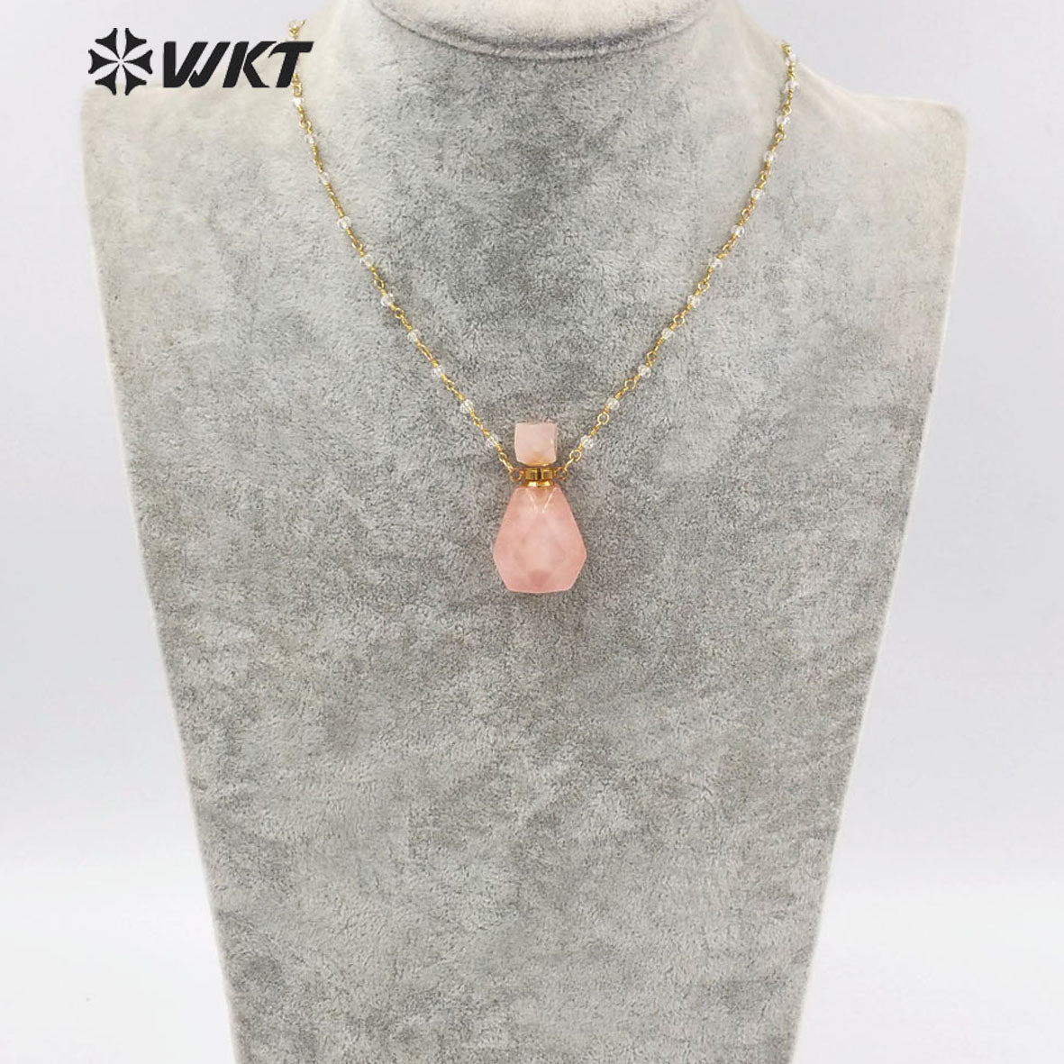 WT-N1269 Wholesale Lady Birthday Stone Perfume Bottle Necklace Gold Stainless Steel Metal Rose Quartz Stone Bottle Necklace
