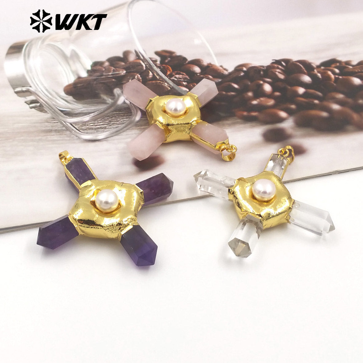 WT-P1967 Wholesale Fashion Gold Plated Cross Healing Energy Gemstone Point Anchor Pendants Special Rose Quartz Jewelry