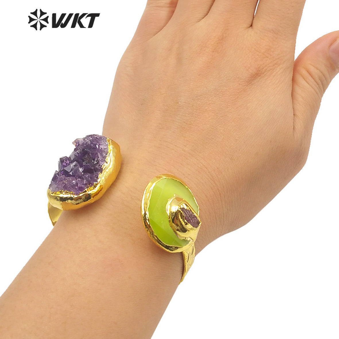 WKT-B584 Classic Luxury 18k Real Gold Electroplated Handmade Bracelet Irregular Amethyst Bangle and Very Nice Stone Jewelry