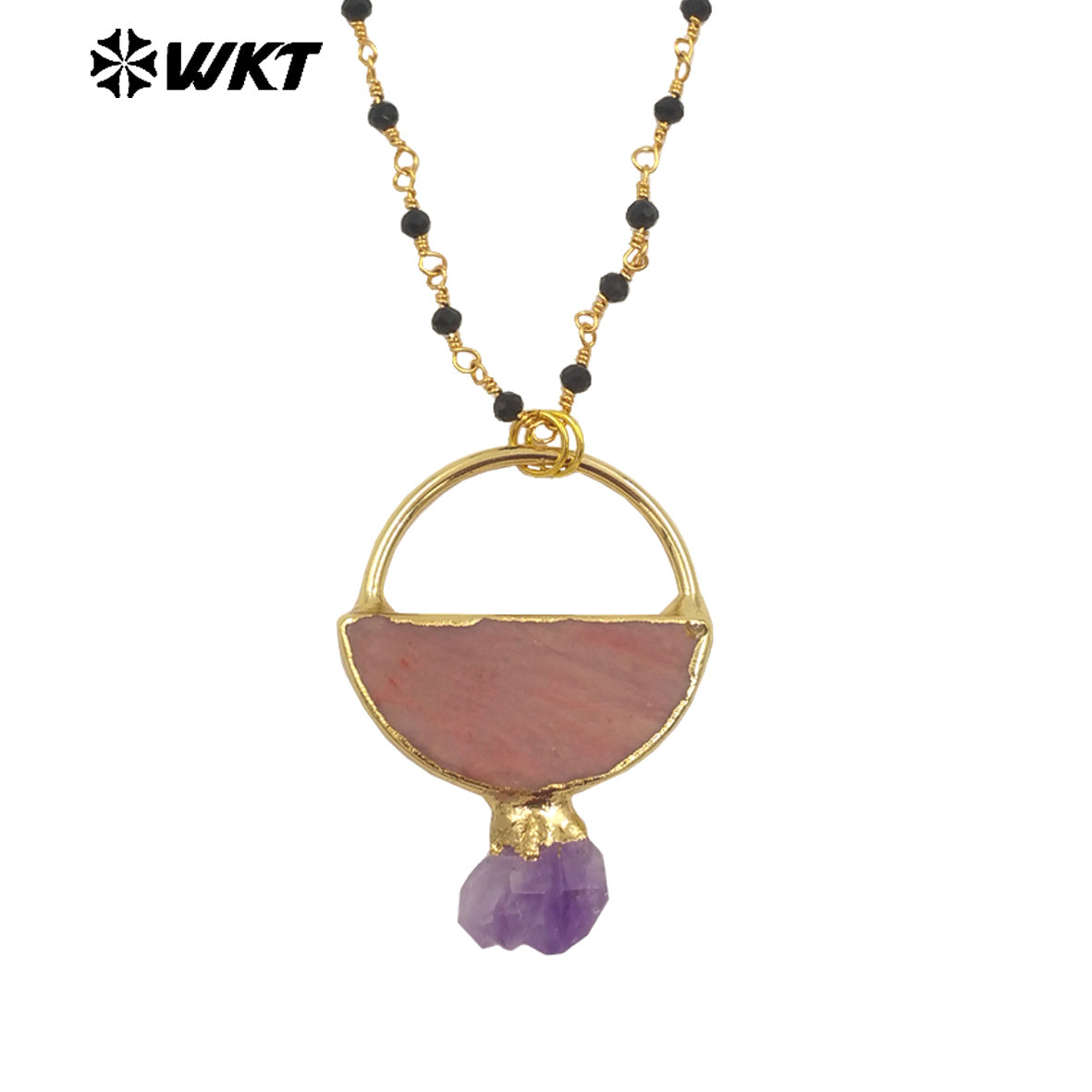 WT-N1470 Amazing New Design Semi Circle Geometric Natural Stone Pendant Necklace With Rosary Black Beads Chain