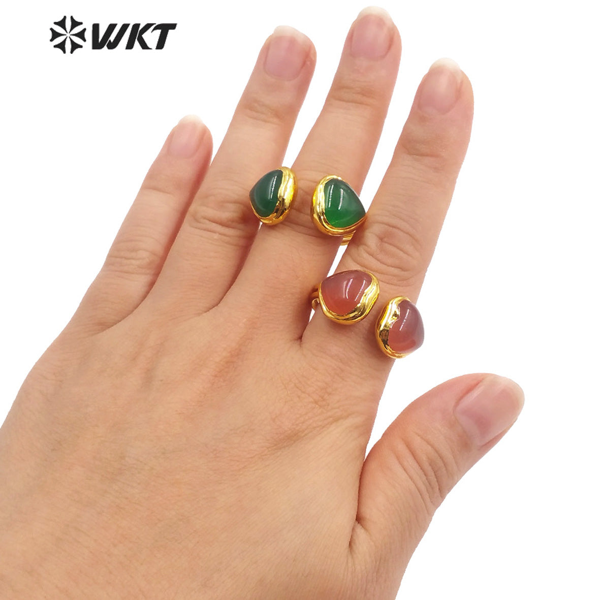 WT-R430 Amazing Double Heart Stone Party Ring 18k Real Gold Plated Lovely Women Jade Stone Ring for Friend Gift