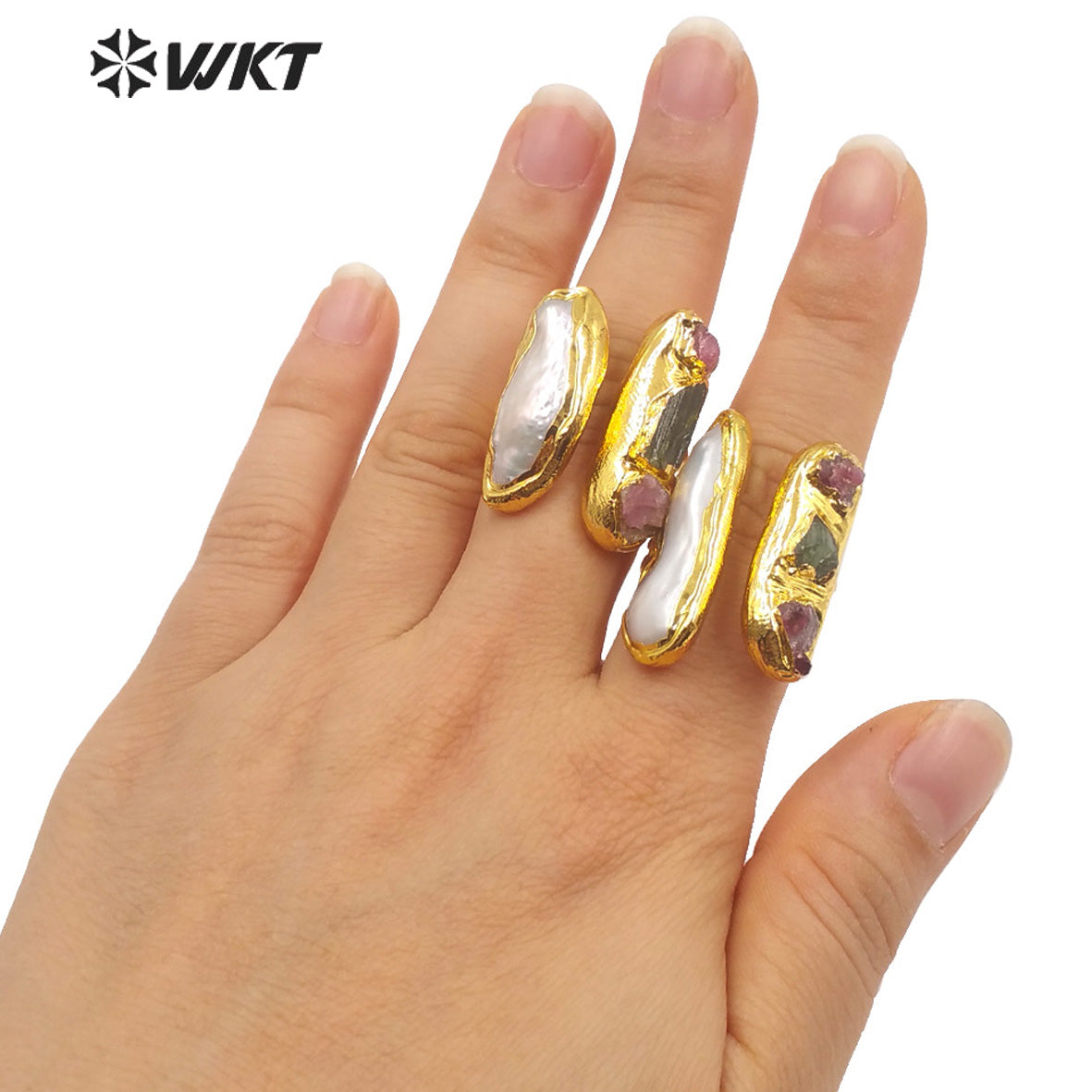 MPR017 WKT Women Gorgeous Gold Electroplated Pearl and Tourmaline Stone Ring Fashion Gemstone Cocktail Ring for Party