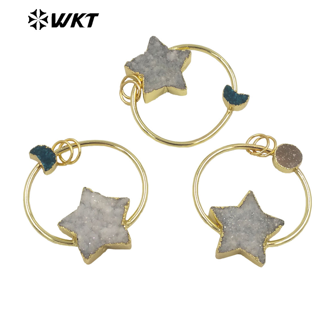 WT-P1782 Cute Star Moon Aura Druzy Quartz Small Delicate Pendant with Moon Round Stone Crystal Pendant for Women Gifts