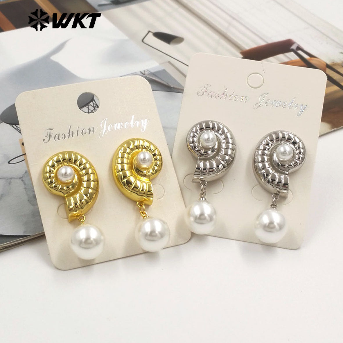 WT-ME132 Fashion Gold And Silver Plated Shell Shape Double Designs Brass With Artificial Pearl Earrings For Women Daily Wearing