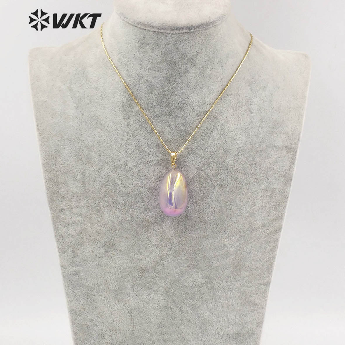 WT-N1398 WKT Amazing Brightly Aura Chunky Egg Shape Stone Necklace Energy Healing Crystal Quartz Aura Necklace Jewelry