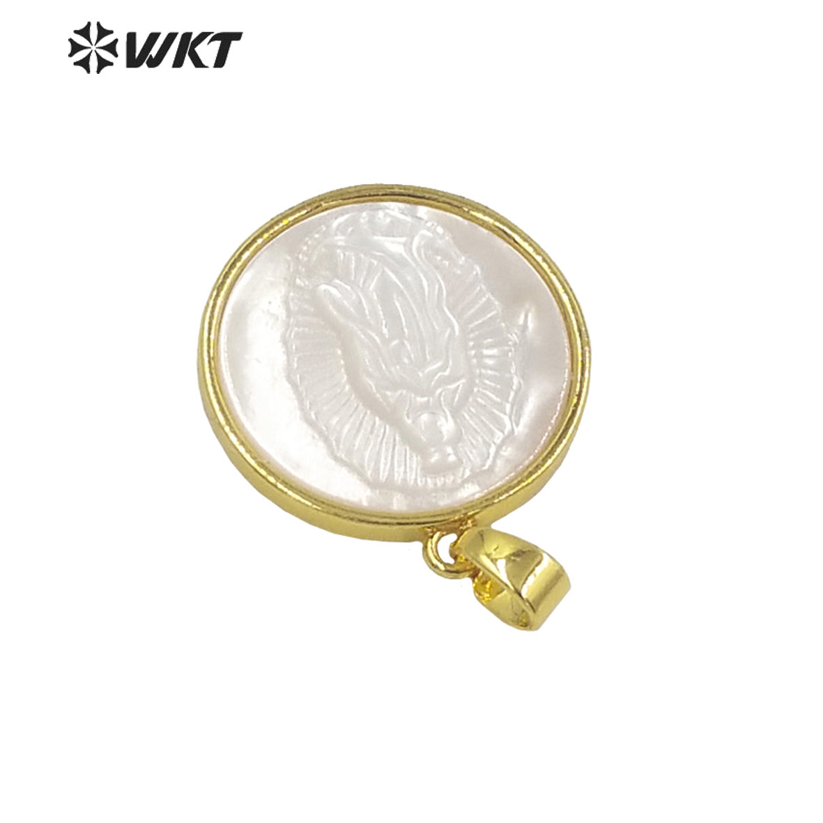 WT-JP321 Wholesale Fashion Gold Plated Mother of Pearl Religion San Benito Jewelry Pendant 20mm Round Shell Maria Vigen Pendants