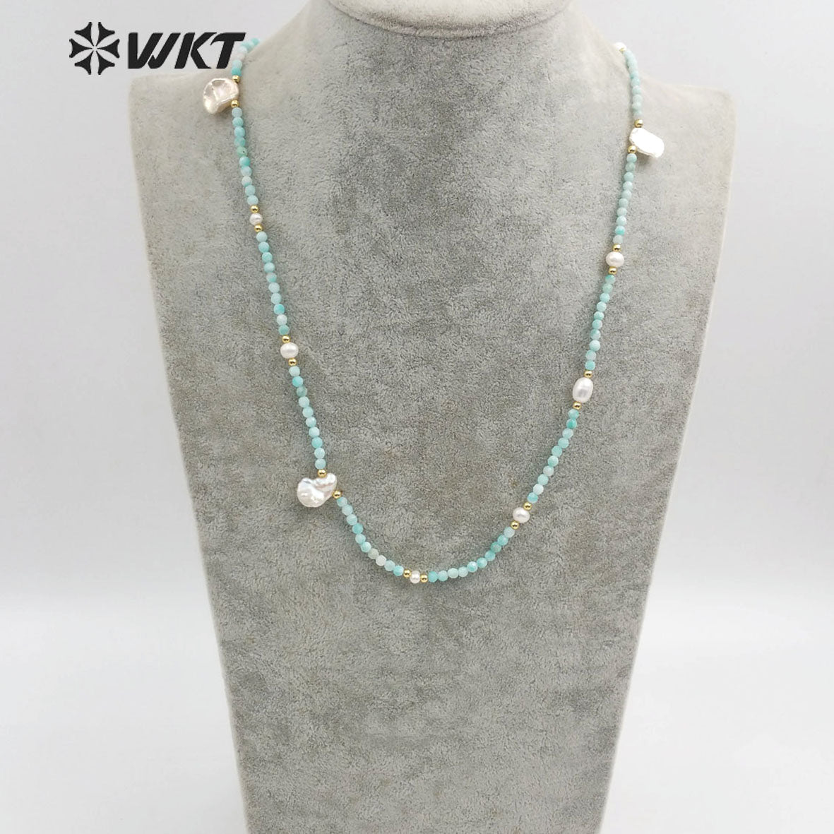 WT-N1181 Classic Fashion Pearl With 3mm Amazonite Faceted Beads Necklace Women High Quality Natural Amazonite Beads Necklace