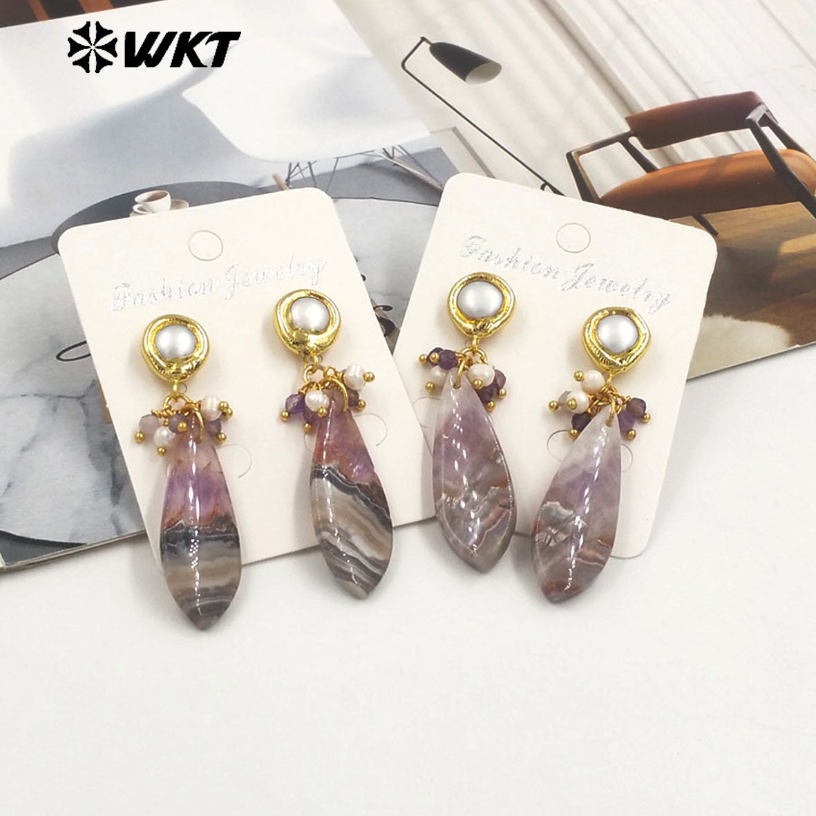 WT-E780 Long Drop Shape Natural Amethyst and Pearl Beads Design Exquisite Retro Style Women Party Fine Jewelry Earrings