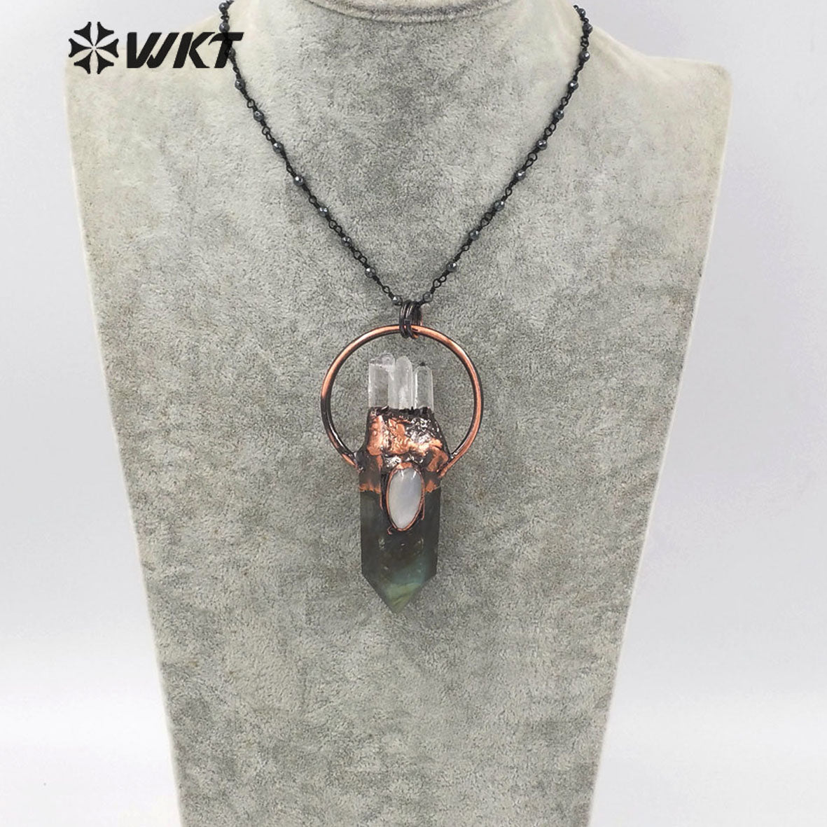 WT-N1262 Women Bohemian Style Natural Labradorite Point Stone Necklace with Antique Copper Plated Lady Retro Stone Necklace