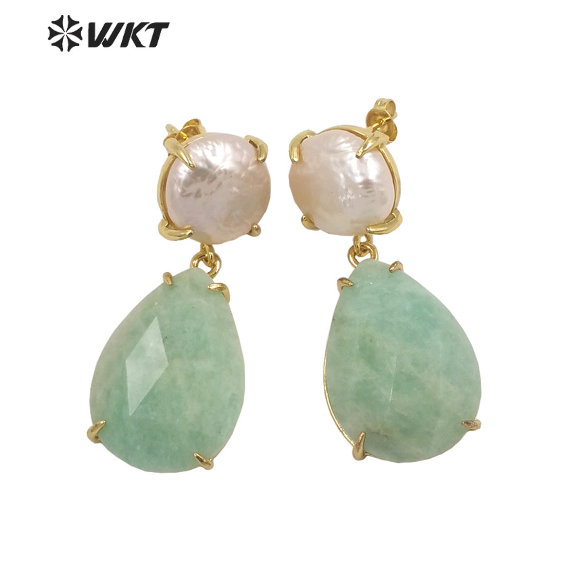 WT-E696 Amazing the Royal Nobility Gorgeous Design Women Natural Gemstone Teardrop Earrings with Pearl Studs in Resist Gold
