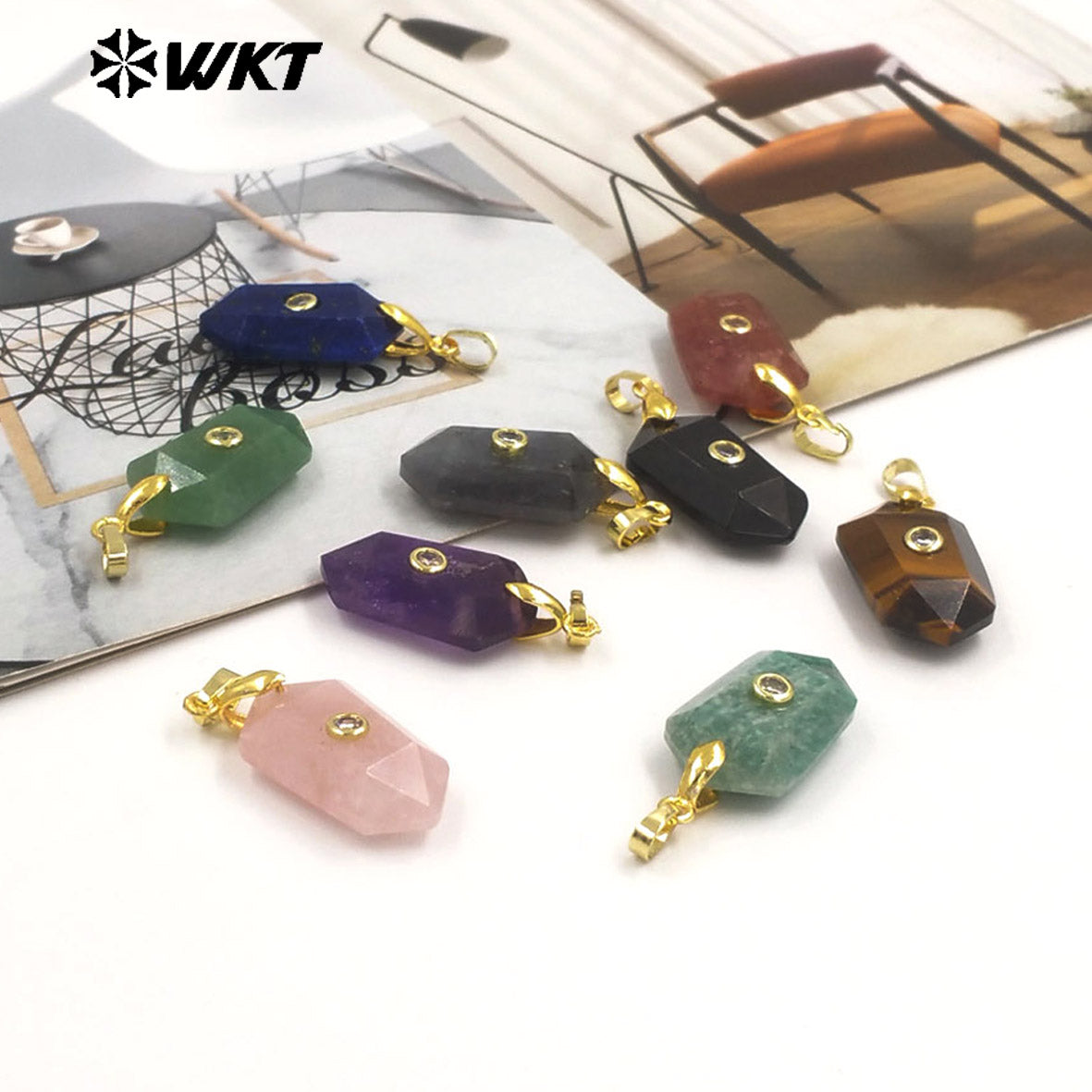 WT-P2017 Delicate Geometric Shape Multi Colors Natural Gemstones Set In Zircon Small Pendants For Trendy Jewelry Handmade