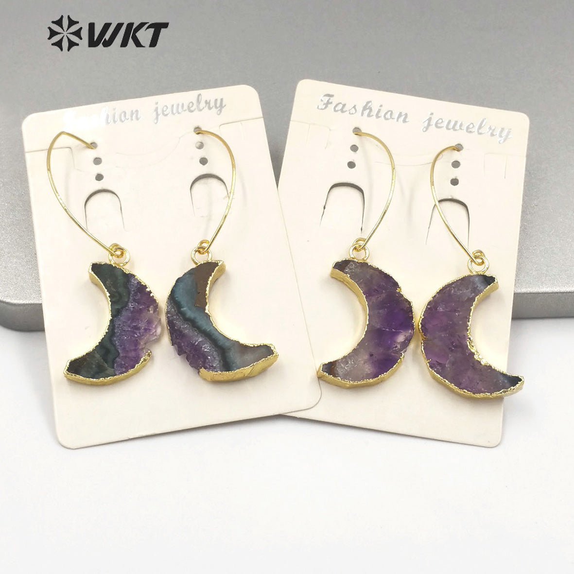 WT-E666 Crescent Shape Natural Stone Amethyst Earrings Women Jewelry 18k Gold Plated Earrings Stone Earring