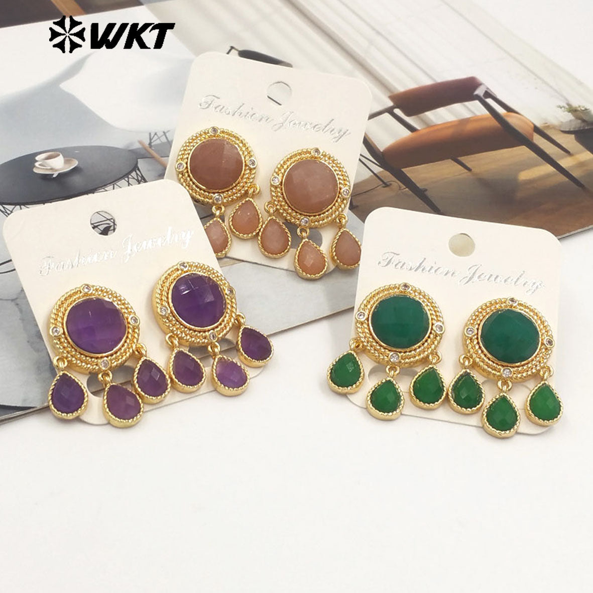 ME120 Wonderful Design Natural Gemstones Earrings With Zircon 18K Gold Plated Three Little Waterdrop Shape Stones Cute Jewelry