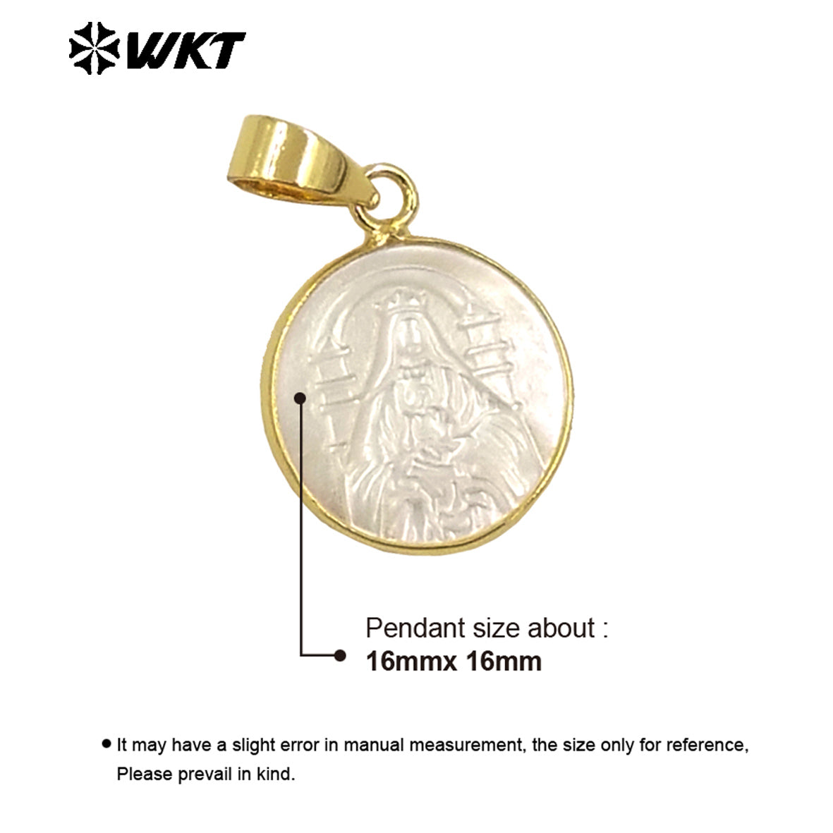WT-JP376 WKT New Developed Natural Pearl Shell Carved Christian Religious Necklace Pendant Gold Anniversary Gift