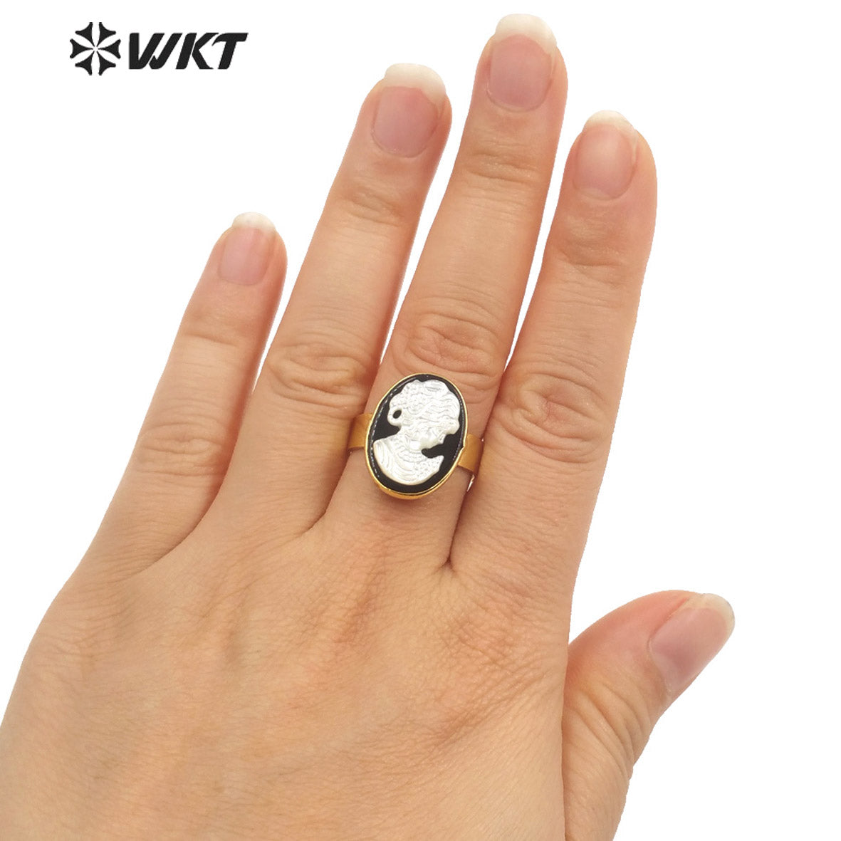 WKT-MPR032 French Pastoral Ring Exquisite and Elegant Black Agate Pearl Ring 18k Real Gold Plated Human Head Natural Pearl Ring