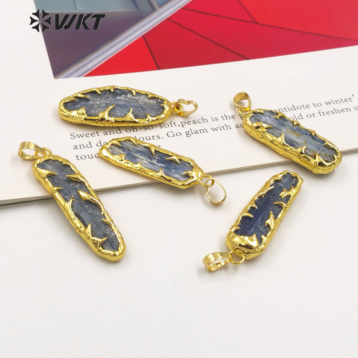 WT-P1961 Wholesale Fashion Gold Plated Boho Raw Stone Handmade Welding Unique Blue Kyanite Jewelry Pendants