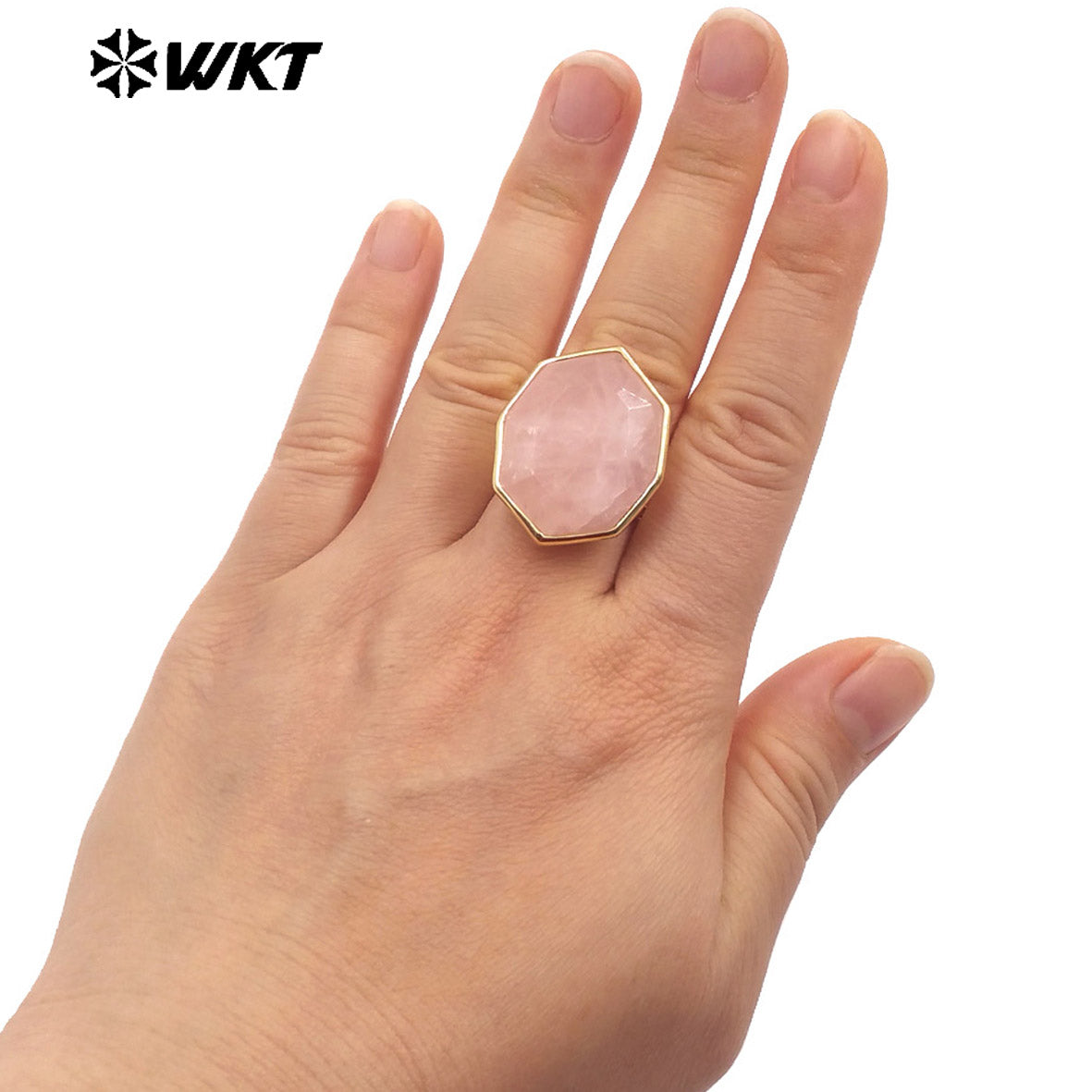 WT-R516 New Spring Design Geometric Natural Hexagon Rose Quartz Amethyst Stone Made Engagement Ring