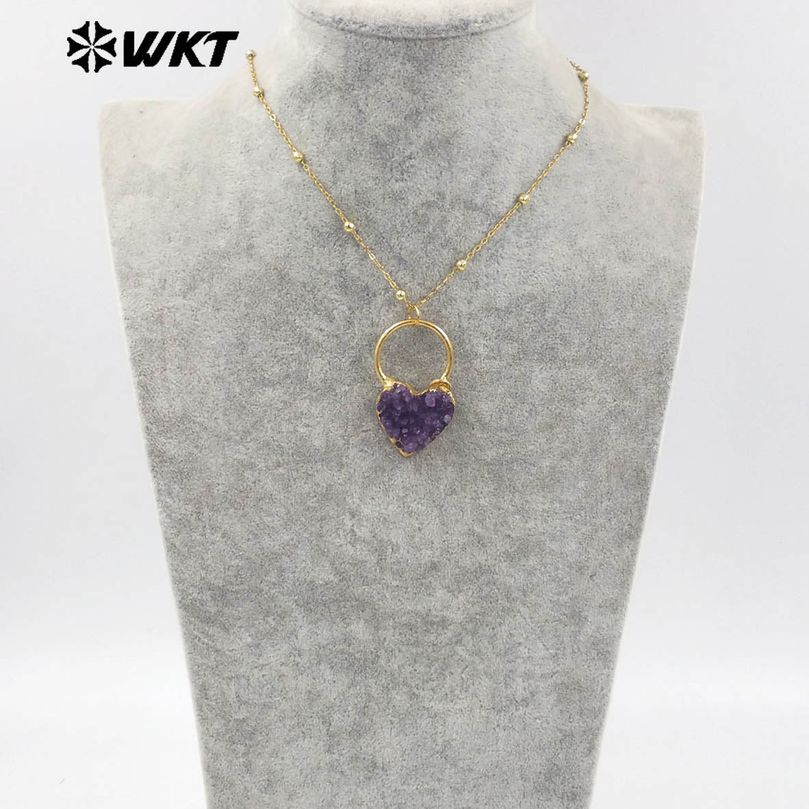 WT-N1472 Lovely Energy Natural Druzy Brazil Amethyst Heart Stone Necklace Birthday Gift for Girl
