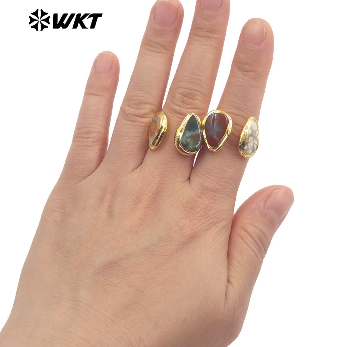 WT-R565 Exquisite Jewelry Natural Ocean Jasper Stone Ring Gold Electroplated Female Lovely Style Oval Shape Wholesale