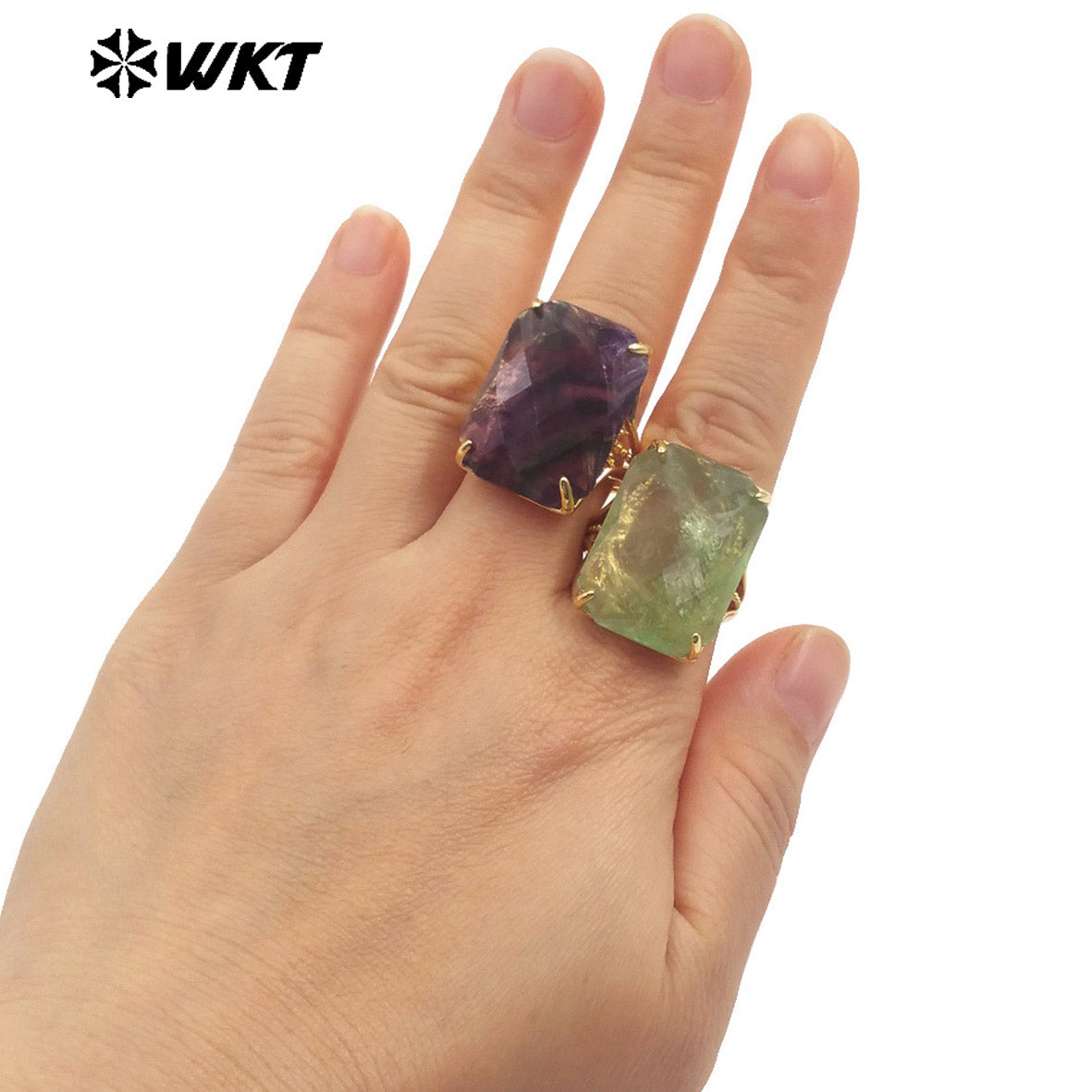 WT-R515 Wholesale Fashion Gold Plated Natural Rainbow Fluorite Stone With Claw Setting Long Square Women Ring