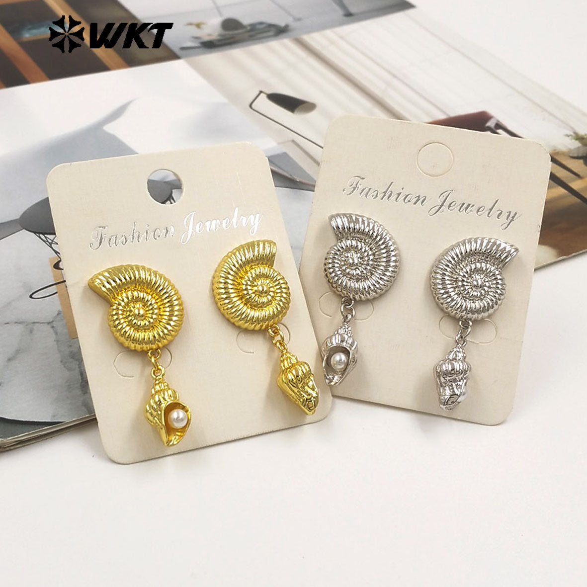 WT-ME131 Boutique Gold And Silver Plated Brass Charms With Artificial Pearl Shell Shape Earrings For Women Vacation Jewelry