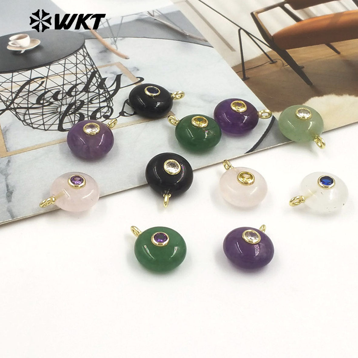 WT-P2024 Wholesale Multi Color Round Natural Gemstones Setting In Zircon Little Pendants For Exquisite Necklace Making