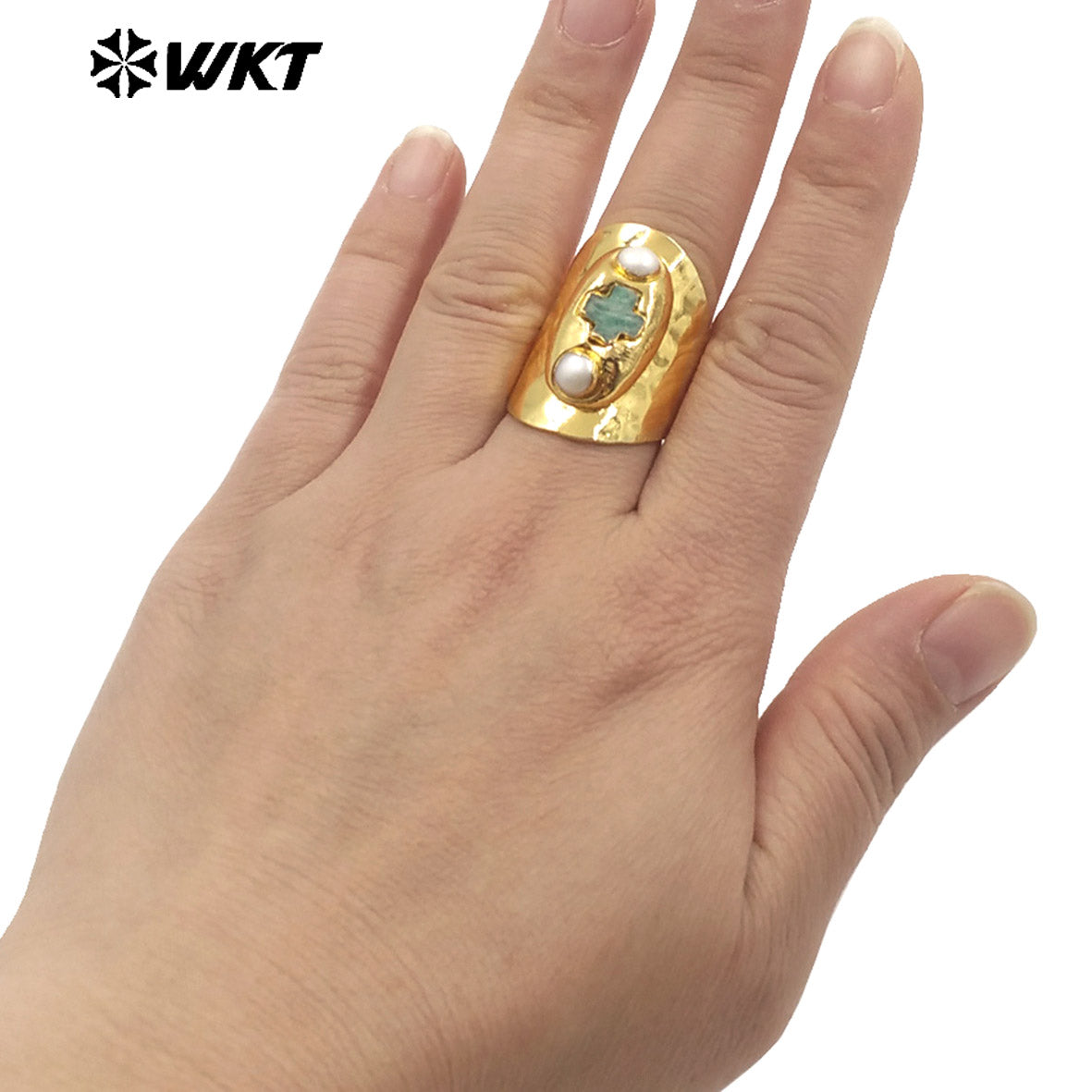 WT-MPR130 New Arrival 18K Gold Plated Religious Ring Jewelry With Double Pearls and Cross Shape Stone Adjustable Size for Party