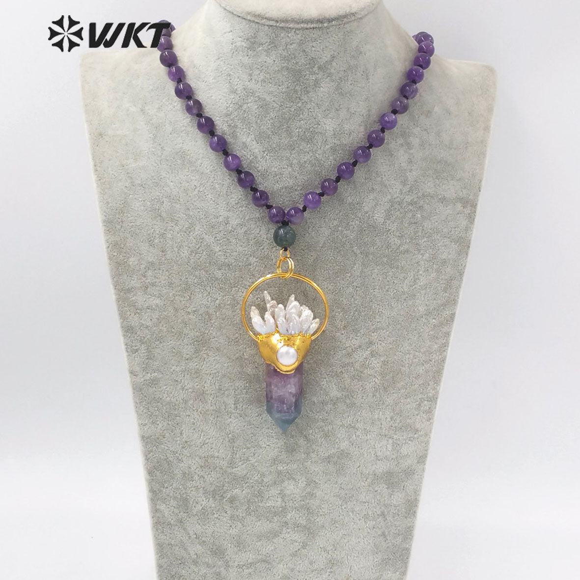 WT-N1246 Wholesale Women Gorgeous Long Beads Stone Fluorite Necklace Gold Fashion Big Chunky Spirit Point Stone Necklace