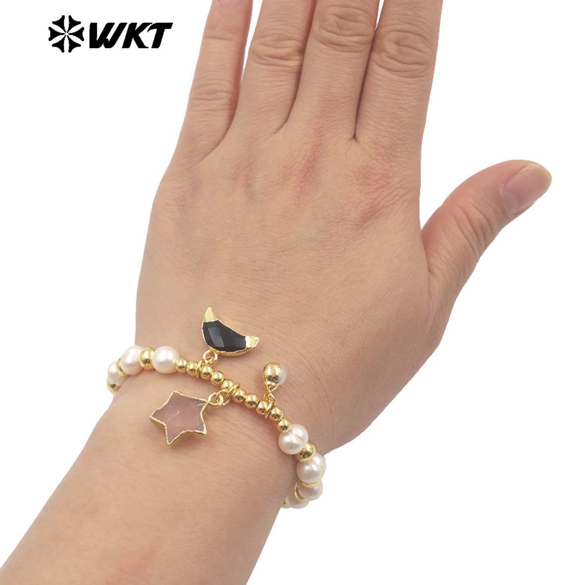 MPB127 High Quality Lovely Pearl Bracelet With Moon and Star Stone Charms Gold Electroplated for Ladies Jewelry Accessories