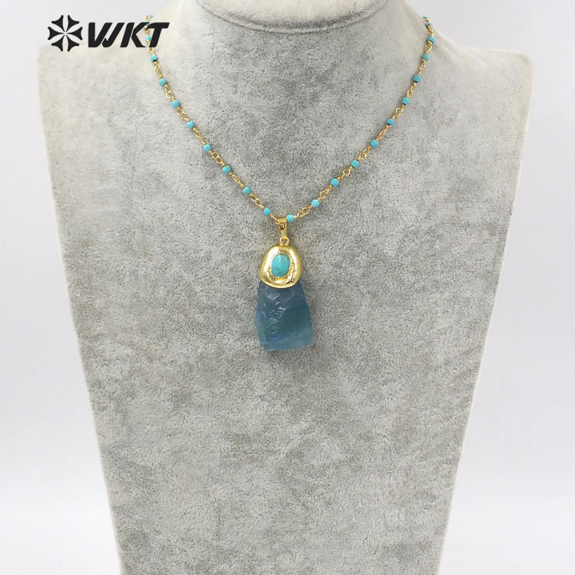 WT-N1288 Amazing Natural Raw Blue Fluorite Stone Necklace with Turquoise Charm High Fashion Gold Plated Gemstone Necklace