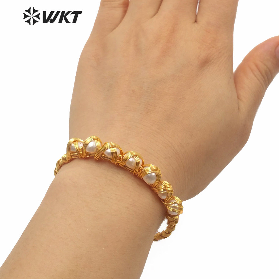 MPB011 Popular Gold Fashion Hand Make Wire Wrapped Pearl Bangle Bracelet Lady Gold Wrapped Pearl Cuff Bangle As Gift Jewelry