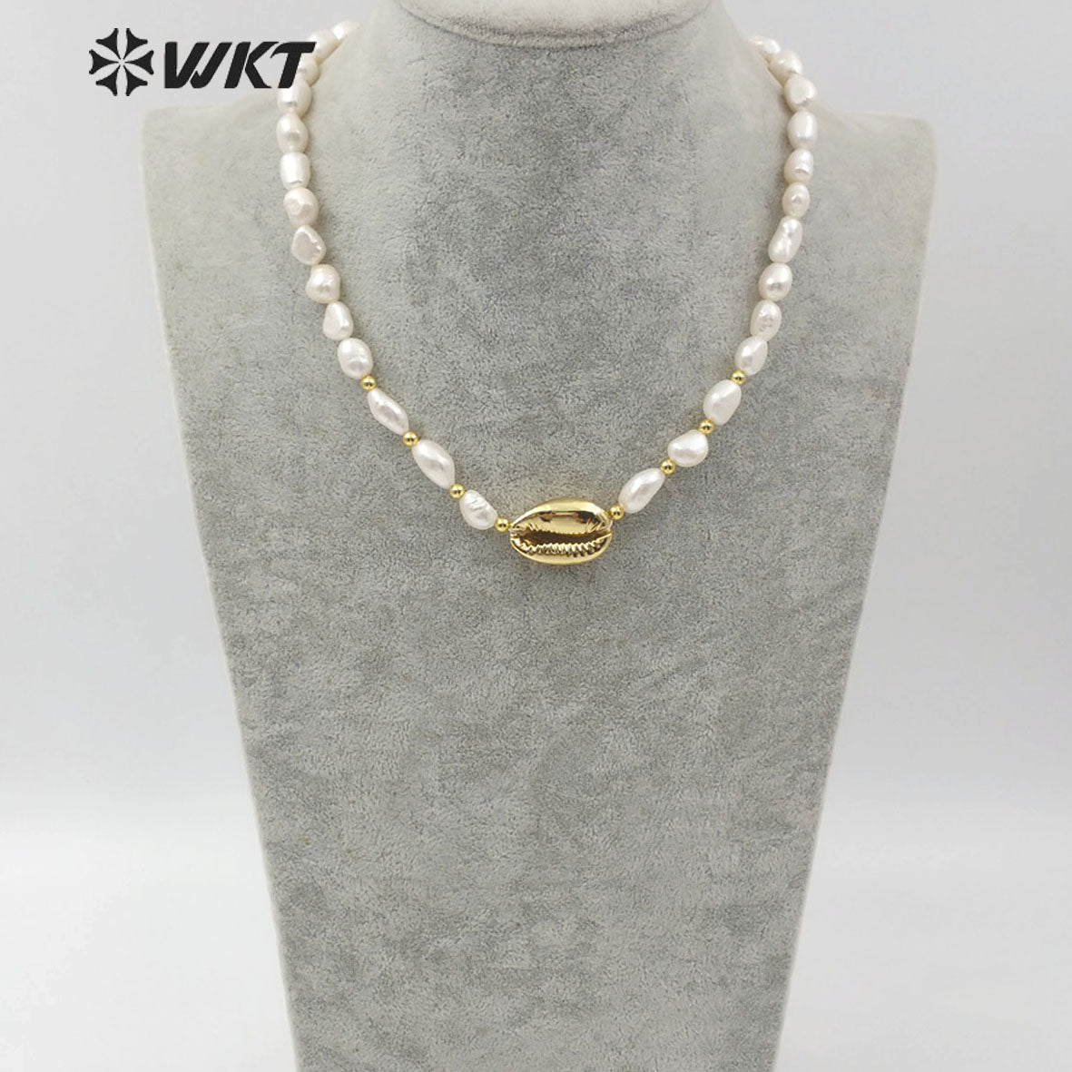 WT-JN089 Natural Cowrie & Pearl Necklace Full Gold or White Gold Cowrie Pendant Necklace in 16Inch Long Pearl Necklace Jewelry