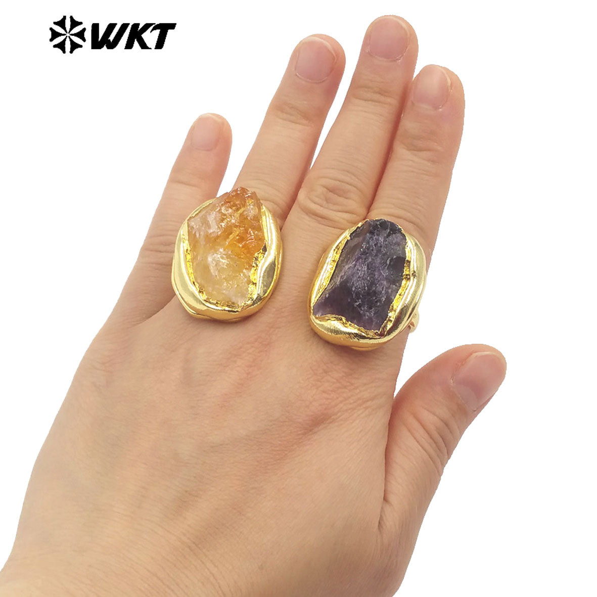 WT-R526 Wholesale New Raw Natural Hammer Yellow Citrine and Amethyst Big Stone Energy Women Ring