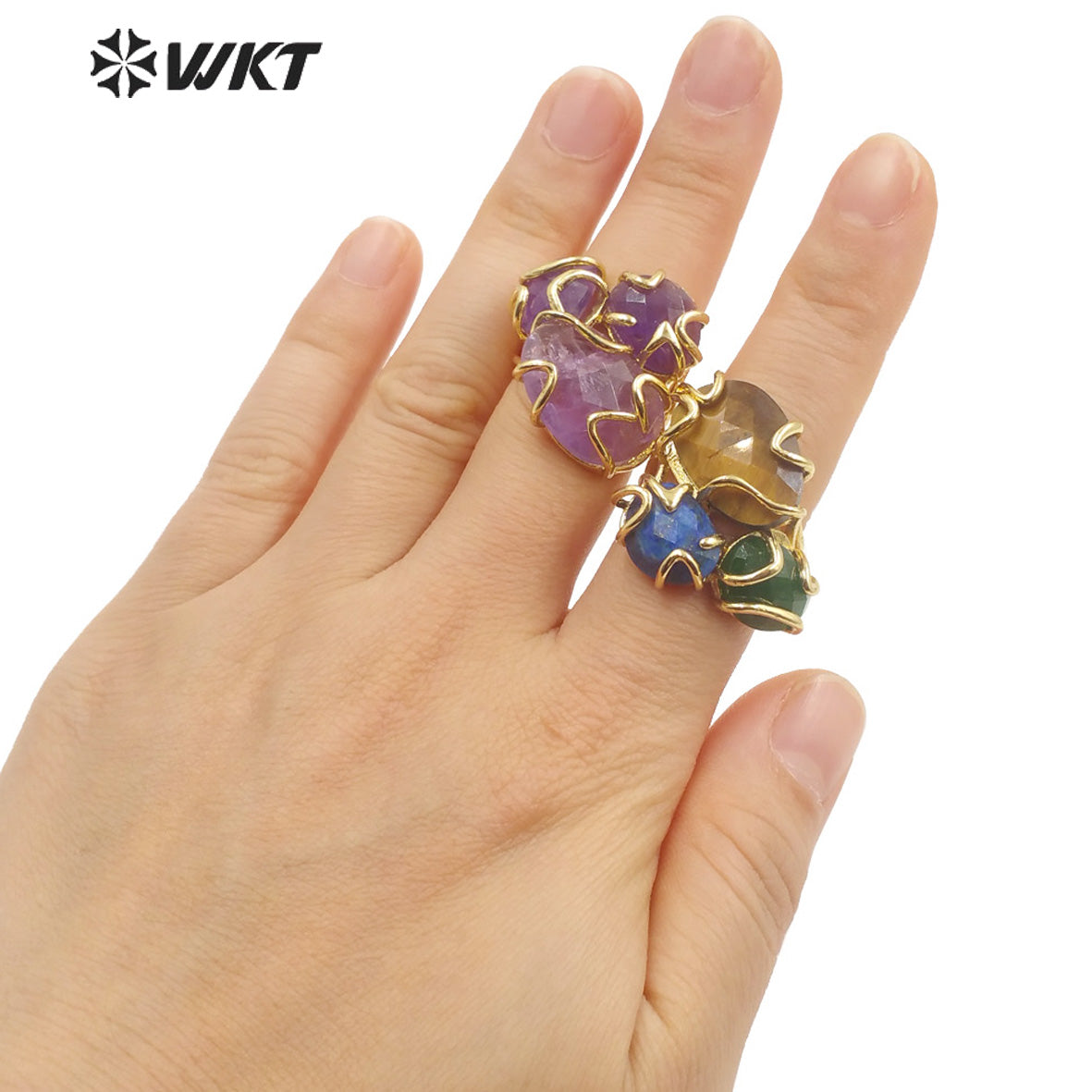 WT-R419 Gorgeous New Collection Stone Ring Women Gold Plated Triple Natural Stone Prong Setting Cocktail Ring for Party Court