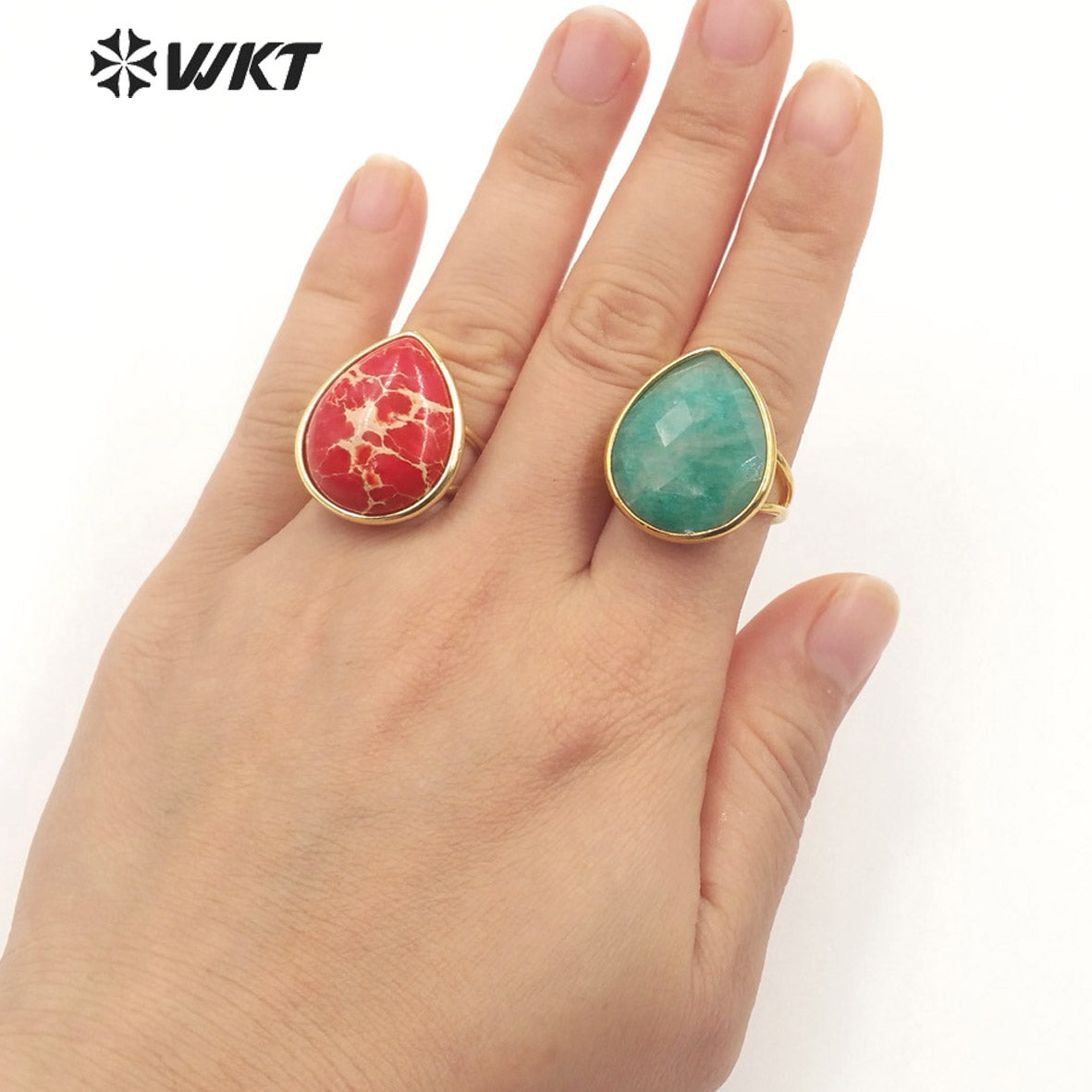 WT-R505 Gorgeous Big Drop Stone Amazonite Tiger Eye and Labradorite 18K Gold Plated Gemstone Women Birthday Ring