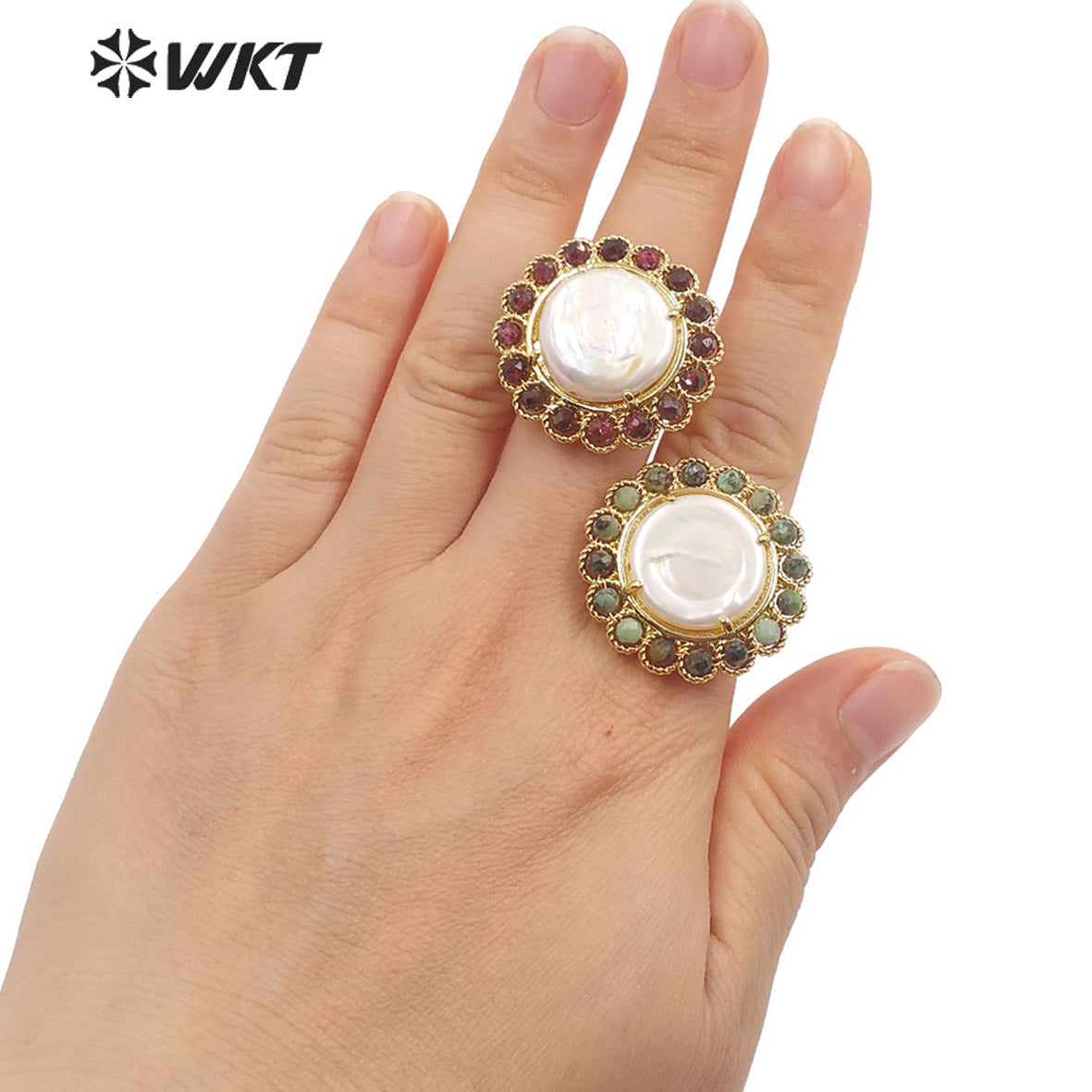 WT-MPR061 Vintage Design Natural Stone & Freshwater Pearl Stravagante 18k Gold Plating Women Pearl Boho Ring for Gift