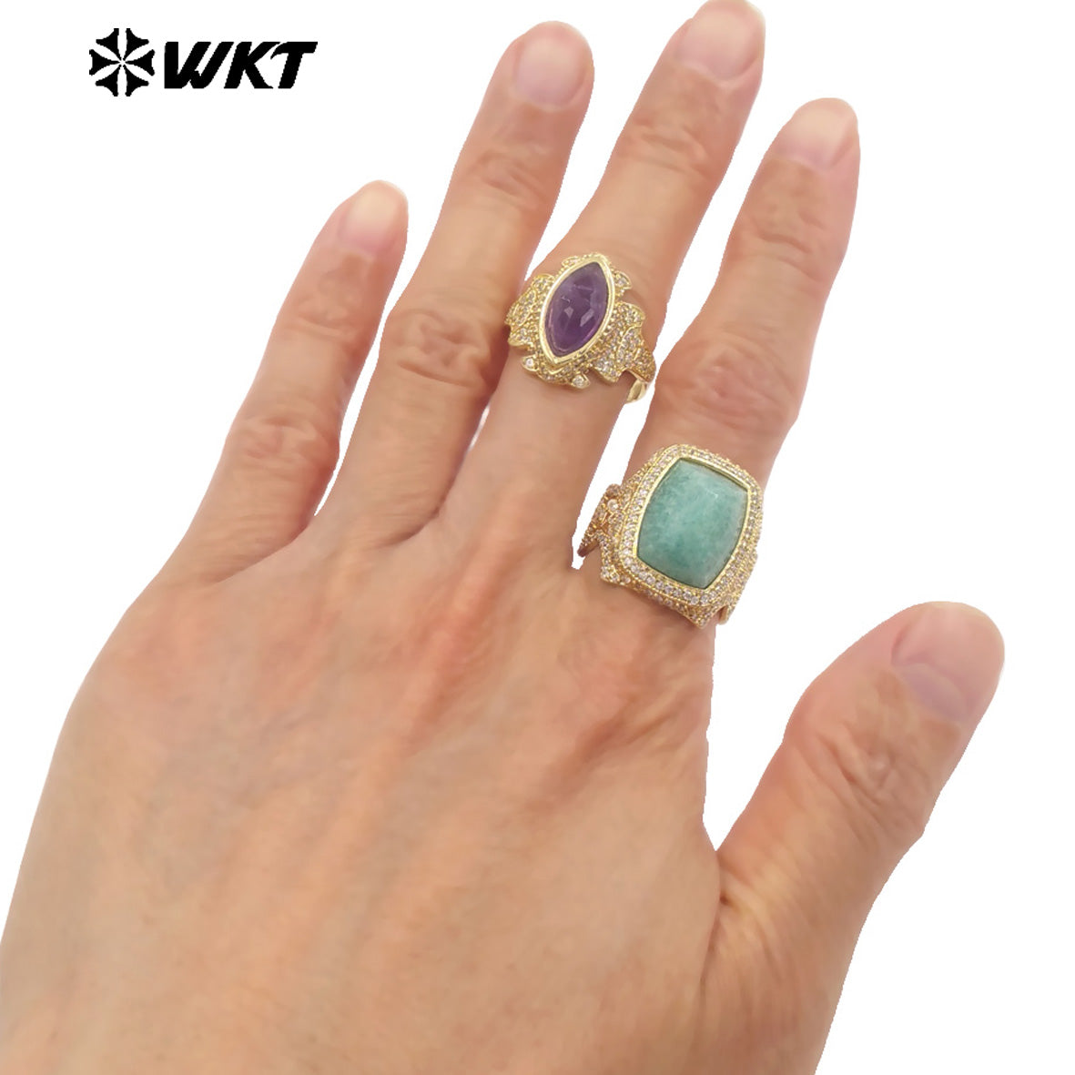 WT-MR033 Wholesale Fashion 18K Real Gold Plated Cubic Zircon and Natural Amazonite Amethyst Stone Ring for Women