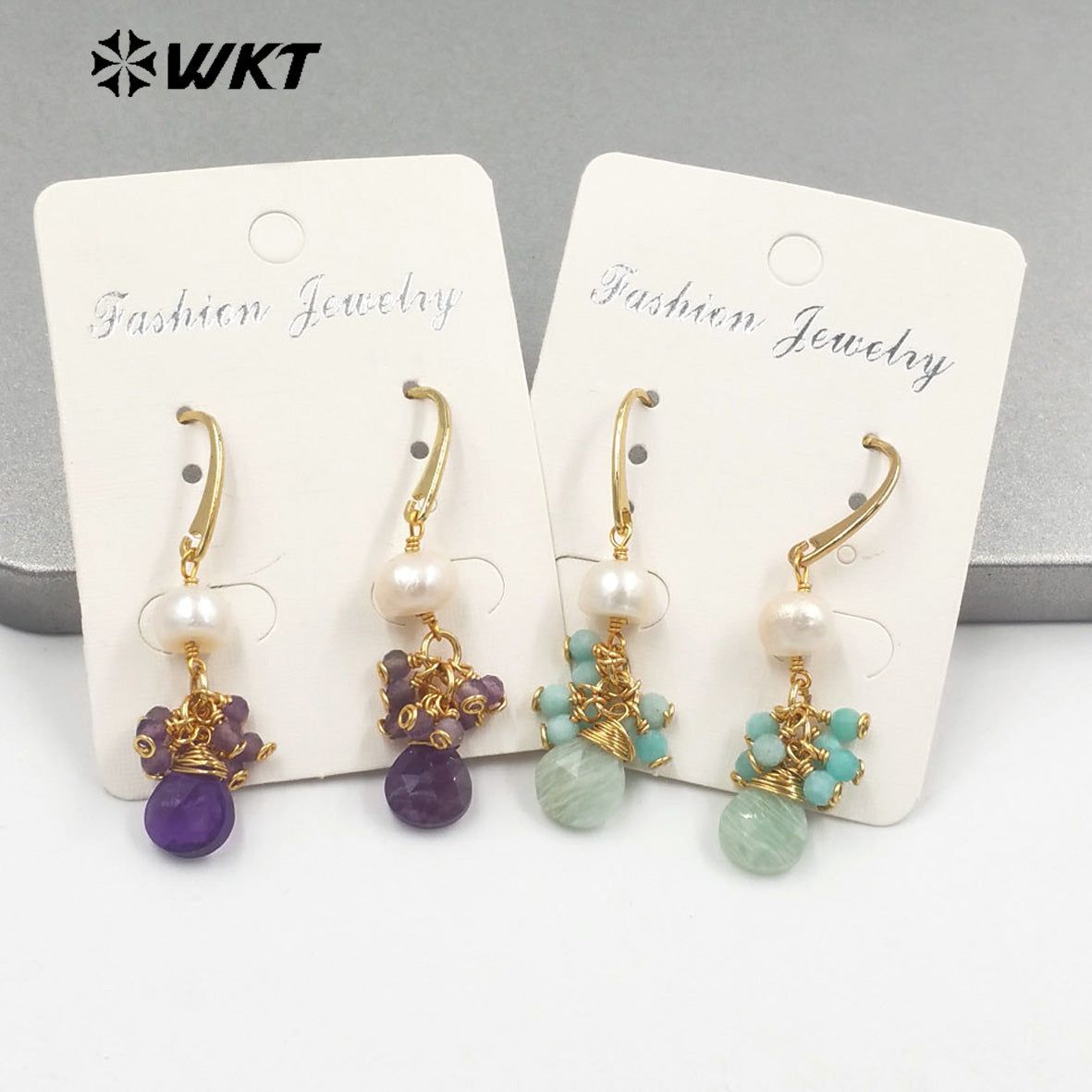 WT-E722 WKT Exclusive Design Handmade Precious Tiny Stone Charm Earrings Attractive Long Dangle Birthday Stone Earrings
