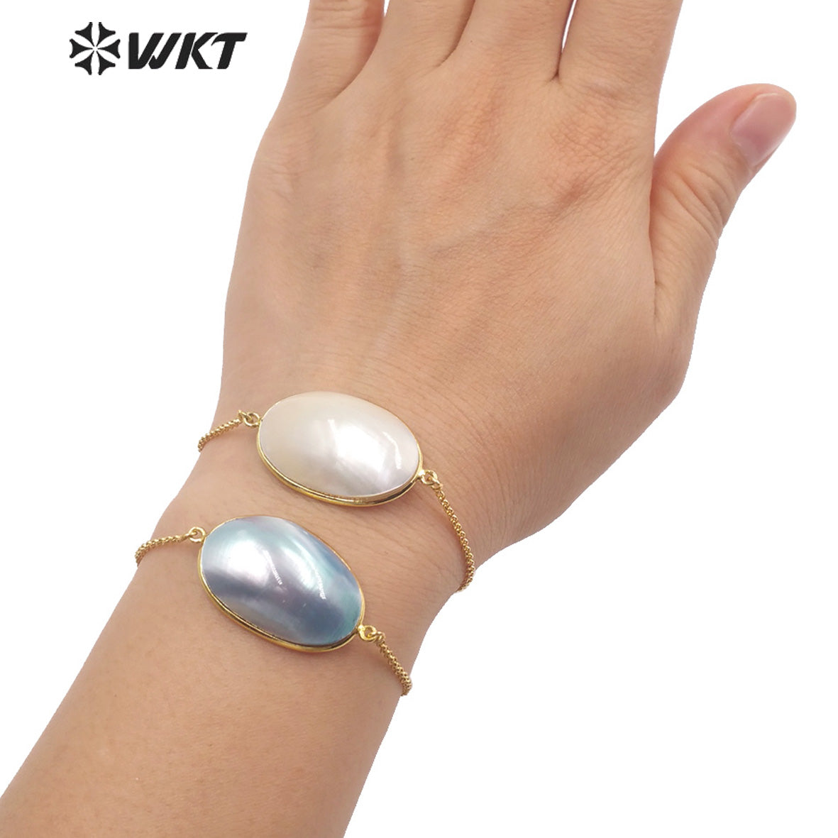 WT-MPB085 Wholesale Fashion Gold Plated Bullet Shape Chain Bracelet With Flash Mabe Shell Bracelet Women Wedding Bracelets