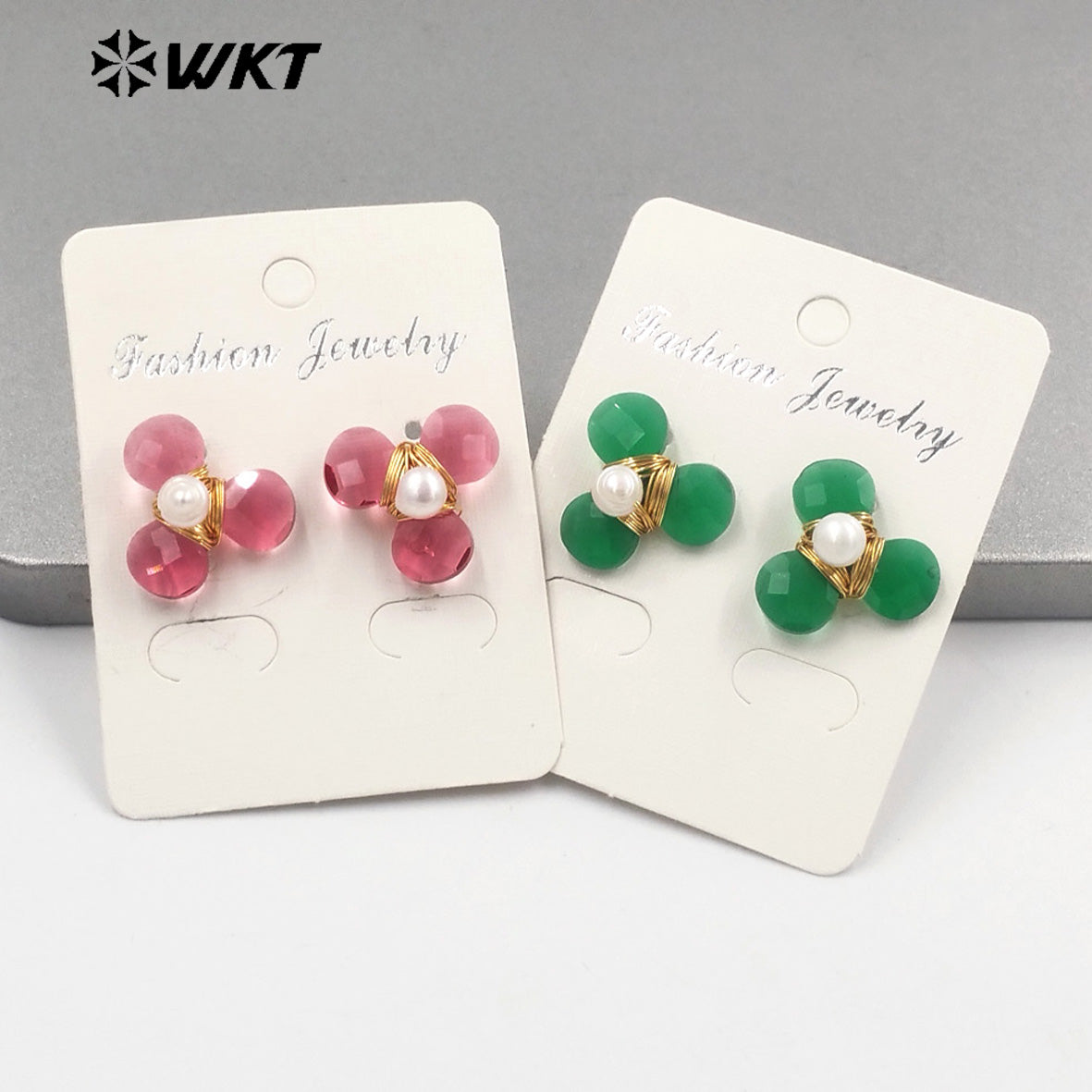 WT-E723 Women New Earrings Design Colorful Cat Eye Stone Flower Studs Handmade Wire Wrapped Pearl Leaf Fashion Girl Earrings