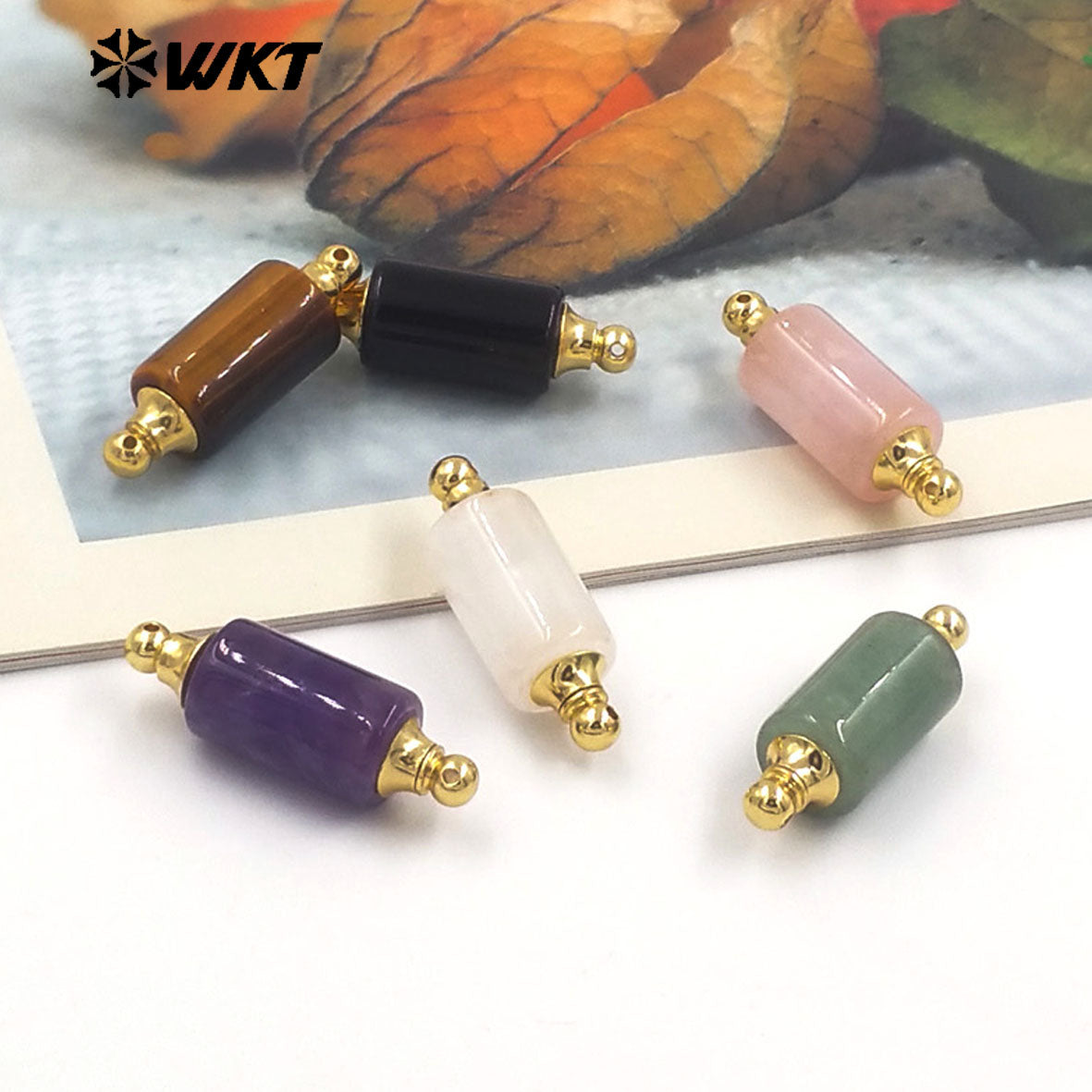 WT-P1981 Wholesale Newest Double Loops Round Cube Natural Rose Quartz Precious Stone Bottle Necklace Connector